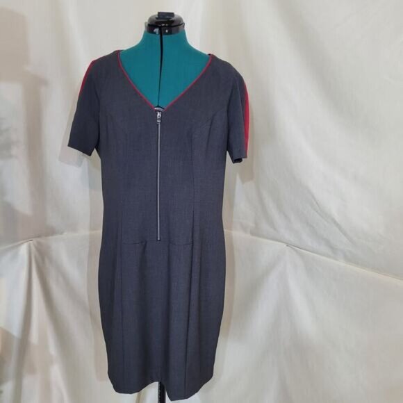 Marc New York by Andrew Marc Gray Pencil Dress, Red Striped Shoulders - Size 14 - Picture 2 of 10